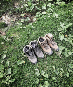 Wanderschuhe auf einer Waldlichtung im Wandergebiet Großarl, Salzburger Land.