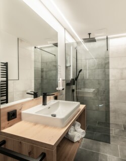 Modernes Badezimmer mit begehbarer Dusche und Holz-Waschtisch.